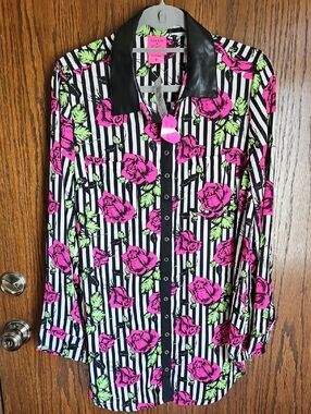 Betsey Johnson Torrid Black & White Striped Blouse with Neon Pink Roses